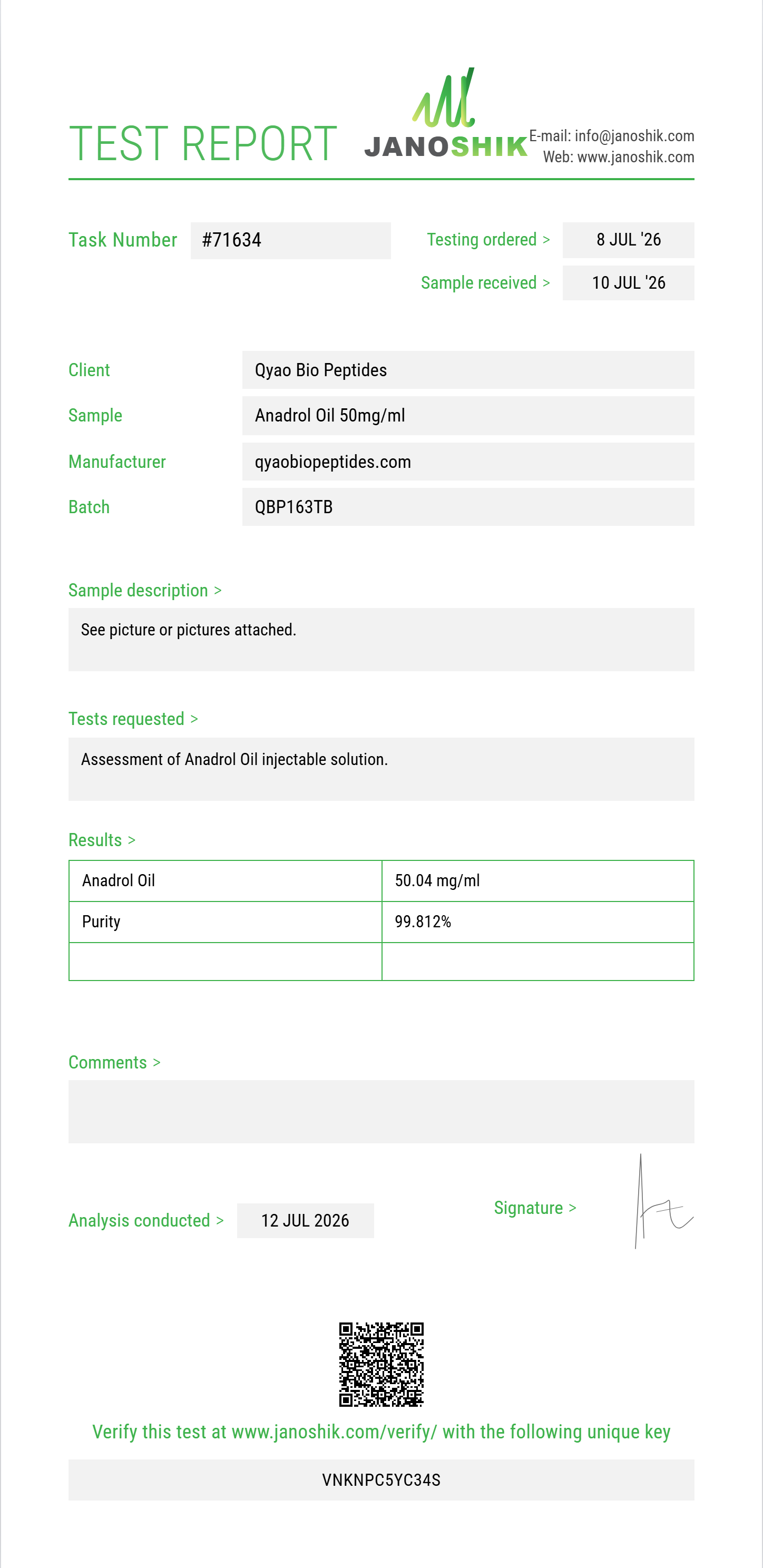 Anadrol Oil Purity (HPLC) report by Janoshik Analytical