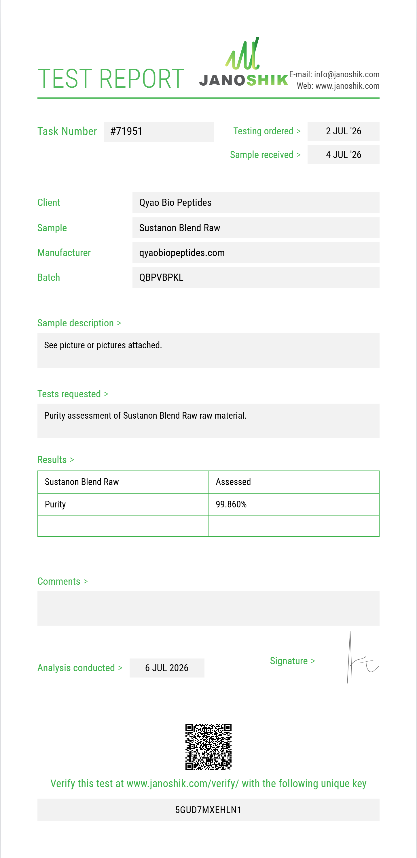 Sustanon Blend Raw Purity (HPLC) report by Janoshik Analytical