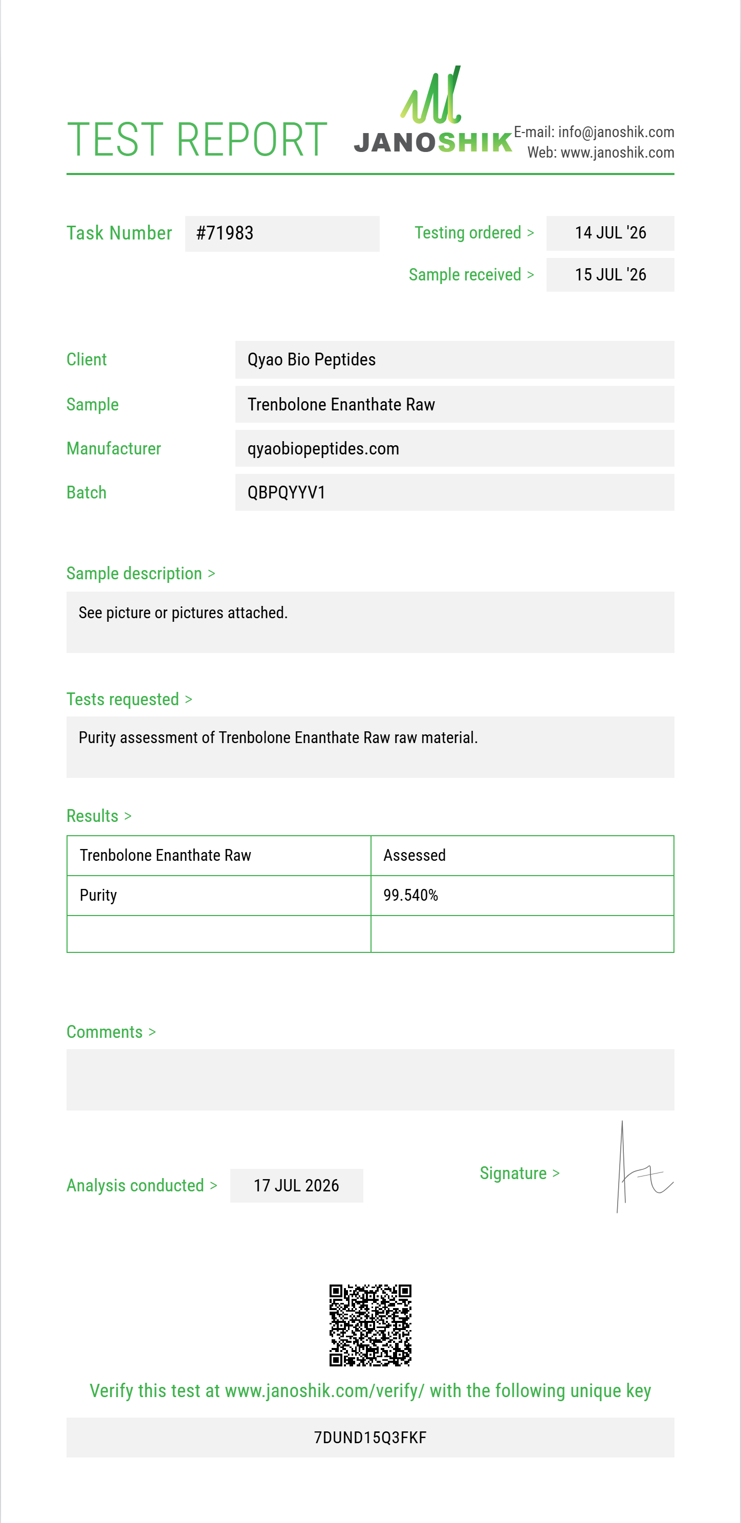 Trenbolone Enanthate Raw Purity (HPLC) report by Janoshik Analytical